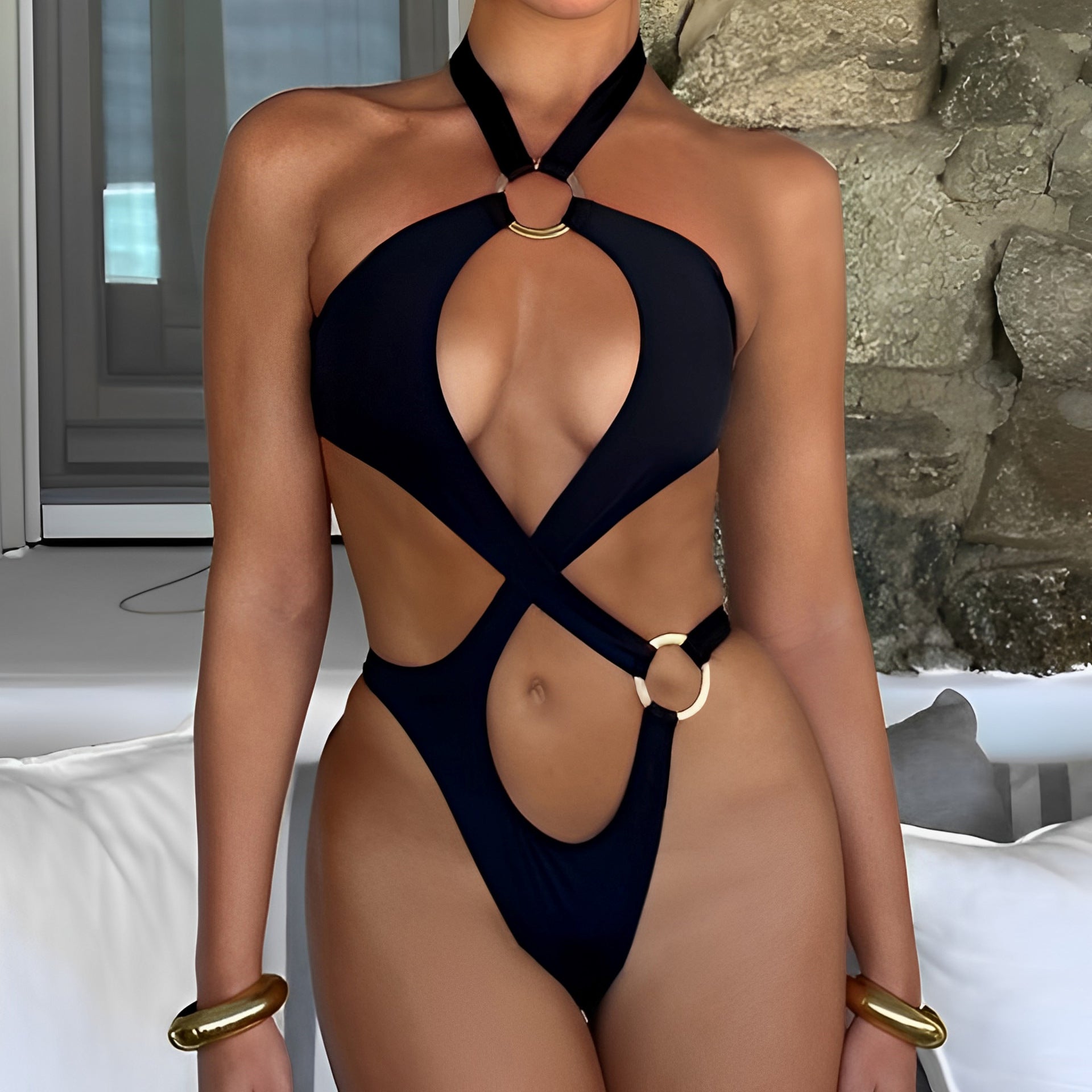 Bikini Swimsuit Sexy Solid Color Hollow Out Cutout Siamese Swimsuit Bella Mia